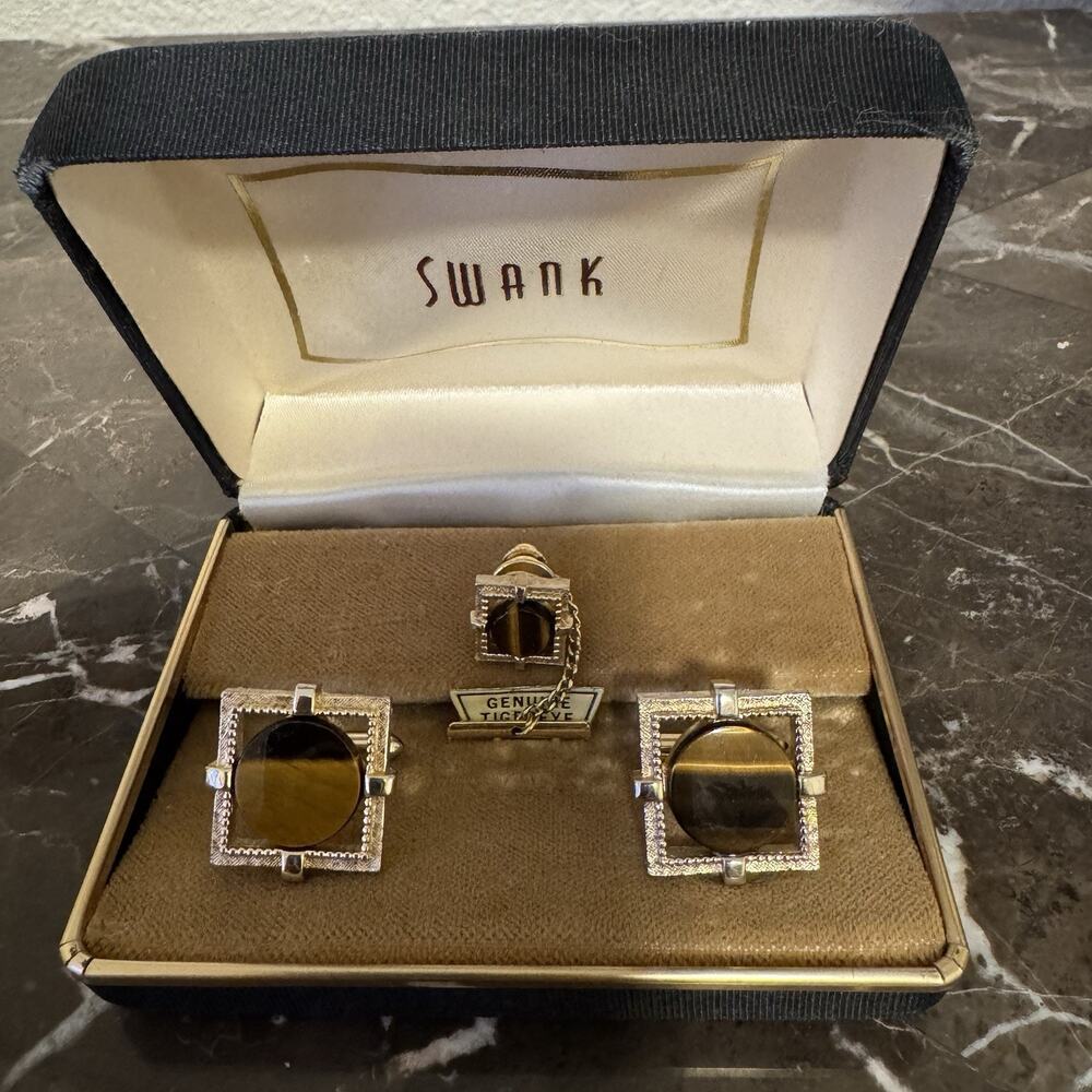 Vintage Swank Gold Tone Mesh Tiger's Eye Square Cufflinks & Tie Tack Set
